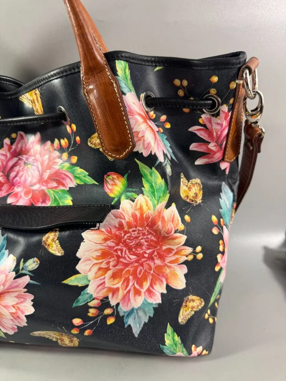 Cavalcanti Italian Black Leather Floral Spring Summer Drawstring Satchel Bag
